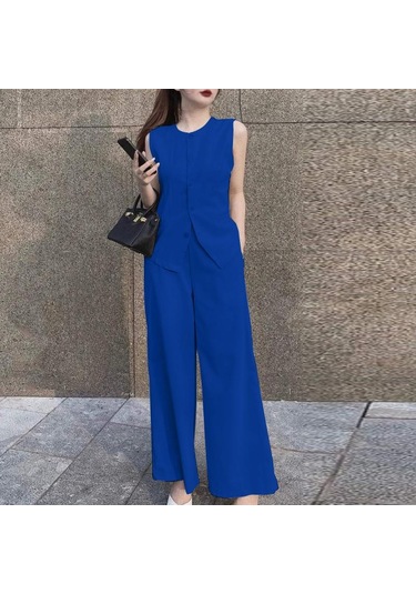 Zanzea Yaz Kıyafetleri Bayan Üstleri Ve Geniş Bacak Pantolon Rahat İki Parçalı Takım Elbise Seti Mavi Zanzea Yaz Kıyafetleri Bayan Üstleri Ve Geniş Bacak Pantolon Rahat İki Parçalı Takım Elbise Seti Mavi