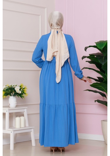 Gömlek Yaka Beli Tünelli Sare Elbise-mavi-4738 Mavi