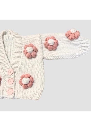 Uretti - Gülnur 2184 - El Örgüsü Gül Kurusu Çiçekli Kız Çocuk Hırka 4 Yaş - Beyaz Beyaz