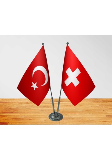 Masa Üstü İsviçre Bayrağı Türk Bayrağı İkili Krom Direk Masa Bayr
