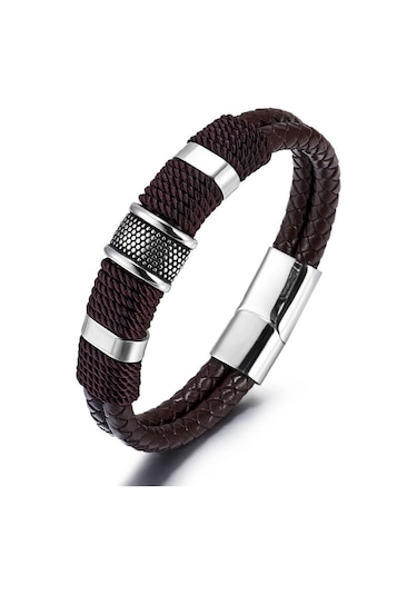 Tesbihane Birinci Sınıf Çift Katmanlı Kahverengi Deri & Halat & Gümüş Renk Erkek Bileklik Kahverengi