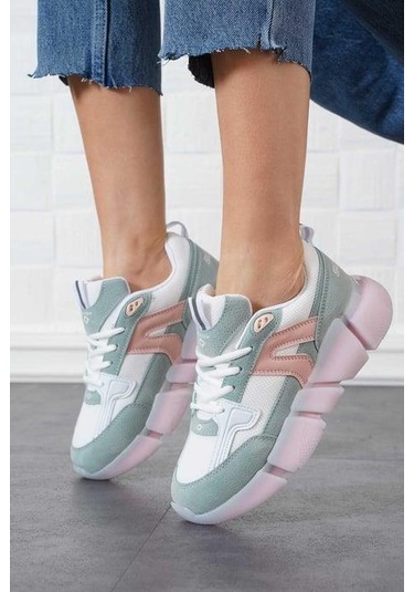 Kadın Ortopedik Tabanlı File Detaylı Sneaker Spor Ayakkabı Yeşil - Pudra