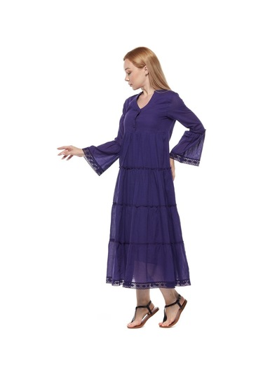 Uzun Kollu Mor Düğmeli Vual Yazlık Uzun Elbise