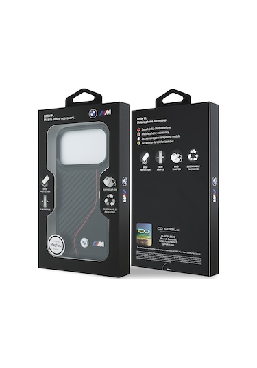 İphone Uyumlu 17 Pro Kılıf Bmw Lisanslı M-safe Şarj Özellikli Metal Bmw Ve M Logolu Pu Karbon Kırmızı