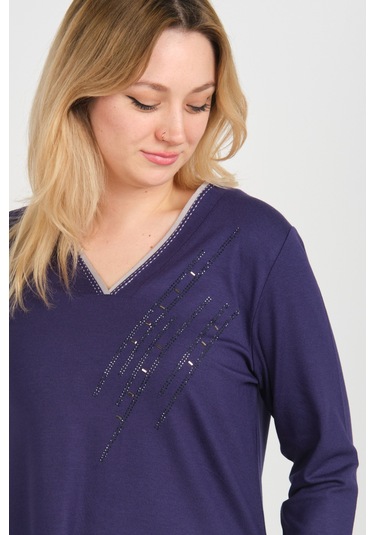 Detay Triko Kadın V Yaka Taş İşlemeli Uzun Kol Anne Bluz 5751 Mor Mor
