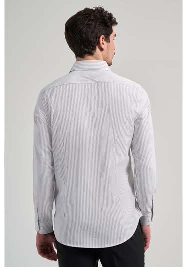 Beyaz Uzun Kol Çizgili Desen Bez Ayağı Yarım İtalyan Yaka Cepsiz Esnek Classic Slim Fit Gömlek 1004245220 Beyaz