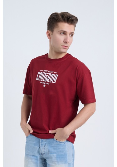 Erkek Oversize Baskılı T-shirt Bordo California Bordo