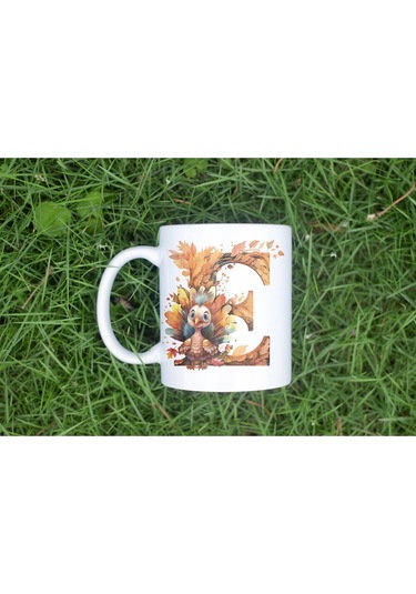 E Harf Sonbahar Yaprak Temalı Kupa Bardak - Sevimli Figürler İle Alfabe Harfli Bardak - Kişiye Özel Beyaz