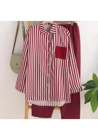 M-5xl Kadın Giyim İlkbahar Yaz Uzun Kollu Üst + Pantolon Yeni Çizgili Tek Sıra Yaka Gömlek + Geniş Paça Pantolon 2 Adet Koyu Kırmızı M-5xl Kadın Giyim İlkbahar Yaz Uzun Kollu Üst + Pantolon Yeni Çizgili Tek Sıra Yaka Gömlek + Geniş Paça Pantolon 2 Adet Koyu Kırmızı