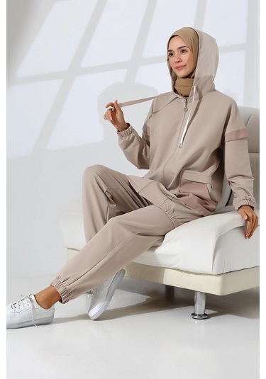 Kadın Taş Rengi Mevsimlik Penye Alt Üst Spor Ve Rahat Ikili Tunik Pantolon Şık Tesettür Takım Taş Rengi