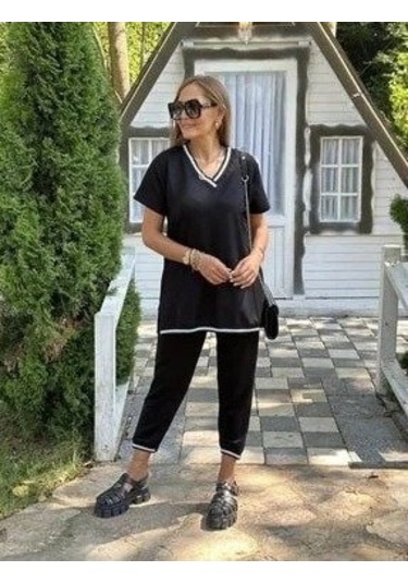 The İstanbul Kadın Kısa Kollu V Yakalı Iki Iplik Bluz Ve Pantolon Ikili Takım Siyah