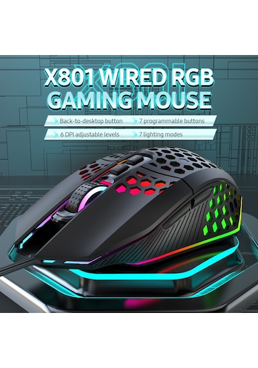 X801 Kablolu Rgb Oyun Faresi, 7 Programlanabilir Düğme, Masaüstüne Dönüş Düğmesi, 6 Ayarlanabilir Dpı Seviyesi, 7 Aydınlatma Modu, Siyah X801