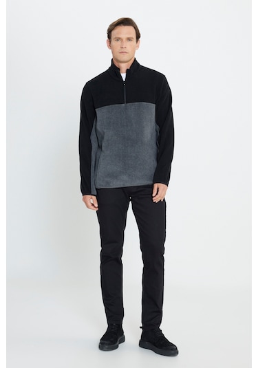 AC&Co / Altınyıldız Classics Erkek Siyah-Antrasit Standart Fit Günlük Rahat Çift Renkli Polar Spor Sweatshirt 4A5221100015SSAS