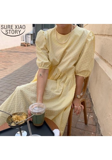 Kadın Uzun Elbise Yaz Rahat O-boyun Puf Kollu Büyük Boy Noktalar Zarif Kadın Elbisesi Bayanlar Gevşek Vestidos Femme Sarı