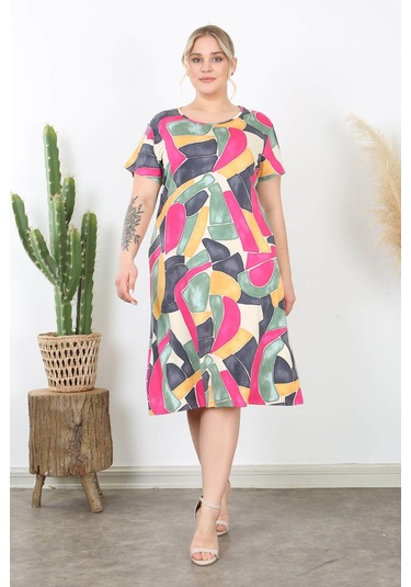 Kadın Pembe Gri Geometrik Desen Midi Elbise Pembe