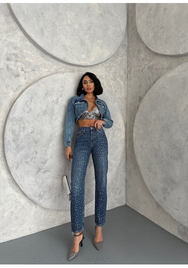 Kadın Taşlı Premium Mavi Kot Pantolon Mavi