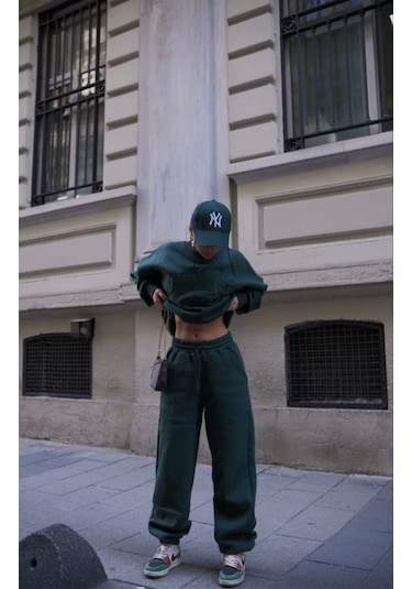 Defymoda Bisiklet Yaka Nakış İşlemeli Üç İplik Sweat Takım - Yeşil Yeşil