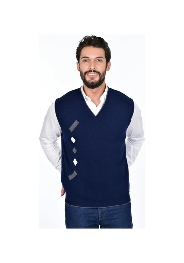 Kamalı Lacivert Erkek Çelik Örgü Kışlık Kalın Triko V Yaka Triko Örgü Tüylenmez Süveter Lacivert