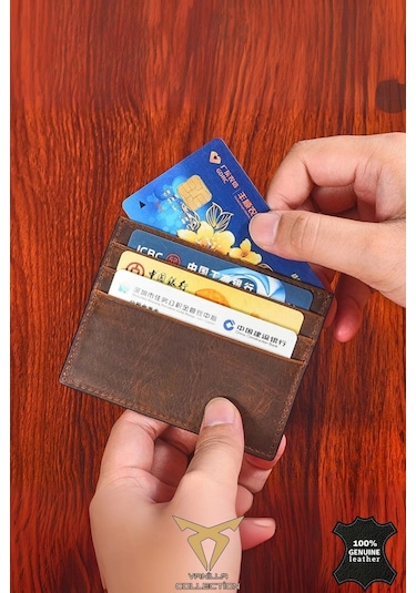 Orijinal Hakiki Deri Süper Ince Model Unisex Kartlık Kartvizitlik Portföy Otomatik Kartlık Hediyeli Kahverengi