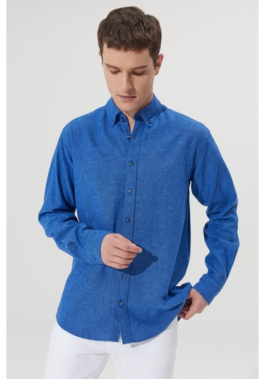 AC&Co / Altınyıldız Classics Erkek Lacı Comfort Fit Rahat Kesim Düğmeli Yaka Keten Gömlek Lacı Lacivert