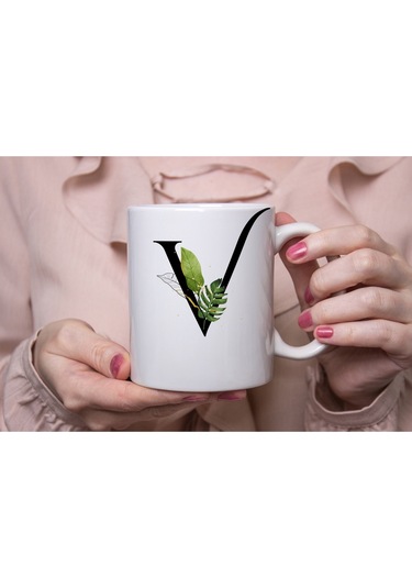 V Harf Zarif Yaprak Desenli Kupa Bardak - Naturel Sade Alfabe Harfli Bardak - Kişiye Özel Hediye Beyaz