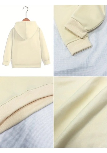 Kışlık Kapüşonlu Sweatshirt, Çocuk Çiçekler M Harfli Baskılı Bej