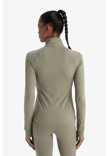 Defacto Defactofit Fitted Vücuda Oturan Ultra Soft Dik Yaka Çift Cepli Parmak Detaylı Fermuarlı Spor Hırka B3985ax25aukh422 Haki