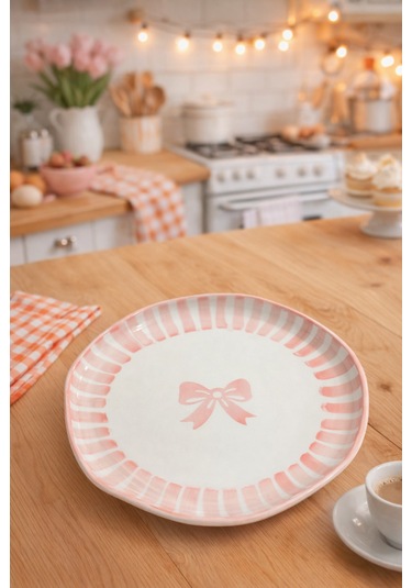 1 Adet Fiyonk Desenli Pembe Çizgili Pasta Tabağı- 21 Cm Çok Renk