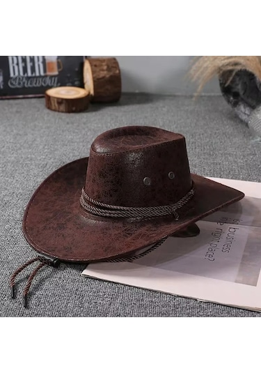 Linchen Suni Deri Kovboy Şapkası Kadın Erkek Vintage Panama Şapka Batı Stili Gri Xs