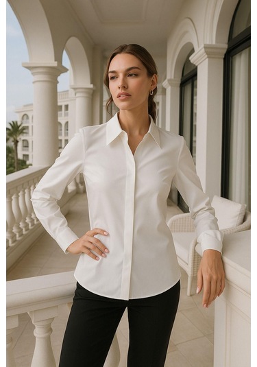 Kadın Ekru Gizli Düğme Detaylı Slim Fit Trend Krep Gömlek Çok Renkli