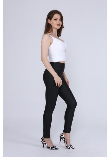 Siyah Yüksek Bel Toparlayıcı Şardonlu Mat Deri Tayt SiYAH