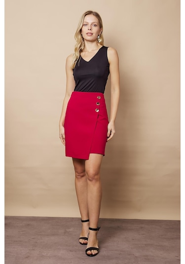 Kadın Arkadan Fermuarlı Düğme Detaylı Hafif Likralı Kumaş Diz Üstü Kalem Etek-bordo Bordo