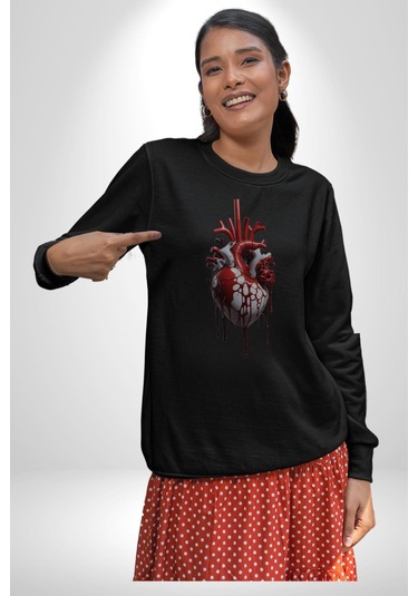 Kırmızı Beyaz Kalp Toplar Damar Unisex Siyah Baskılı Sweatshirt Siyah
