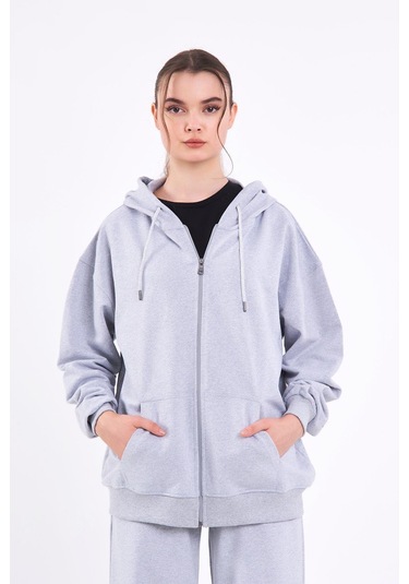 Comeor Gri Kanguru Cepli Kapüşonlu Fermuarlı Oversize Kadın Sweatshirt Cmrb73-gri Gri Comeor Gri Kanguru Cepli Kapüşonlu Fermuarlı Oversize Kadın Sweatshirt Cmrb73-gri Gri