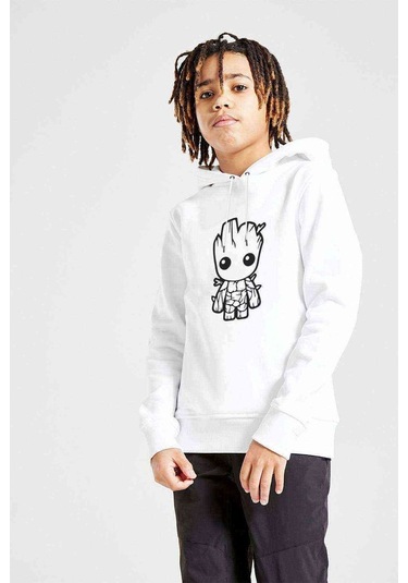 I Am Groot Baby Tekrenk Baskılı Unisex Çocuk Kapüşonlu Sweatshirt Beyaz