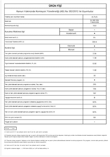 Altus AL KM 1054 10 KG Isı Pompalı Çamaşır Kurutma Makinesi