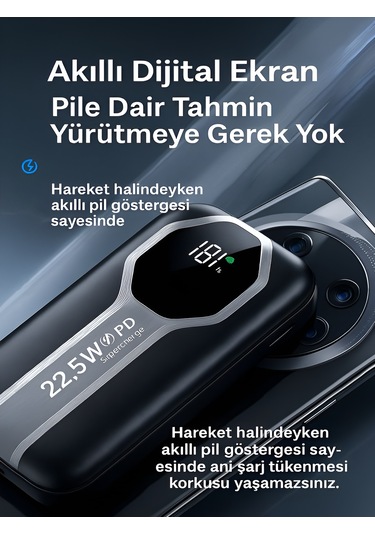 5in1 10.000mah 22,5w Hızlı Şarj Powerbank - 2 Usb, Lightning & Type-c Kablı Taşınabilir Şarj Cihazı Siyah