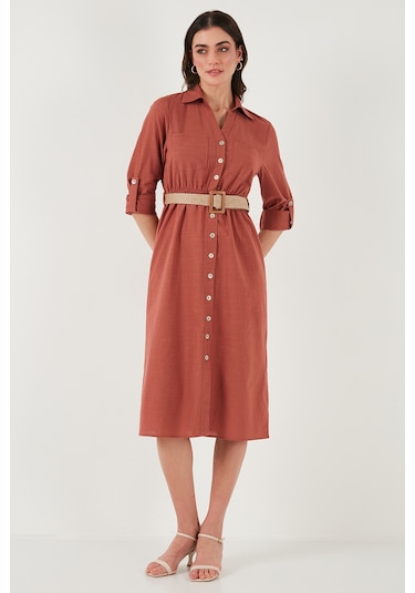 Lela Pamuklu Regular Fit Kemerli Midi Boy Gömlek Bayan Elbise 67810301 Camel Lela Pamuklu Regular Fit Kemerli Midi Boy Gömlek Bayan Elbise 67810301 Camel