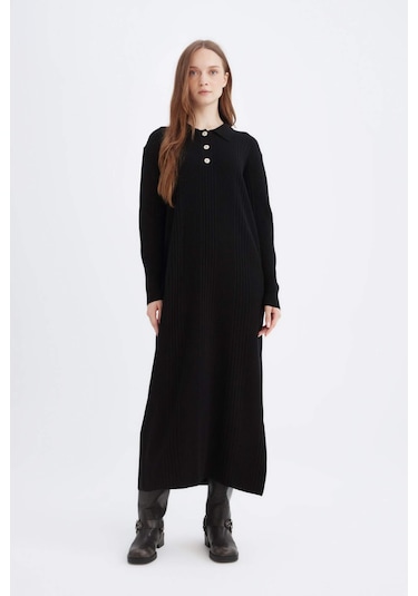 DeFacto Regular Fit Polo Yaka Basic Düz Maxi Triko Elbise D5434AX24WNBK81 Siyah