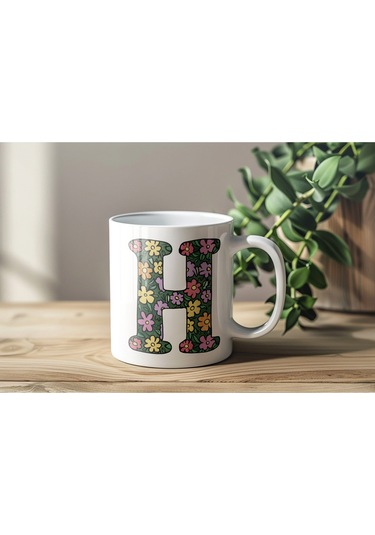 H Baş Harf Çiçek Desenleri İle Natural Tarz Kupa Bardak - Kişiye Özel Çiçekli Kahve Çay Bardak - Beyaz