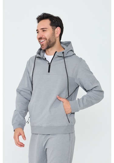 White Stone Gri Kapüşonlu Yarım Fermuarlı Yandan Cepli Erkek Sweatshirt Grey