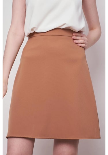 Yüksek Bel Hafif Likralı Kumaş Diz Boy Çan Etek-camel CAMEL