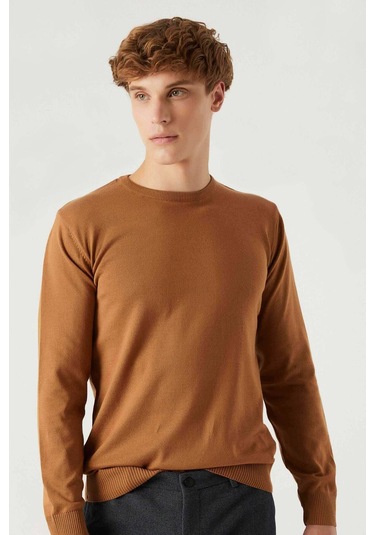 Regular Fit Camel Tüylenme Yapmayan Bisiklet Yaka Triko Kazak Camel