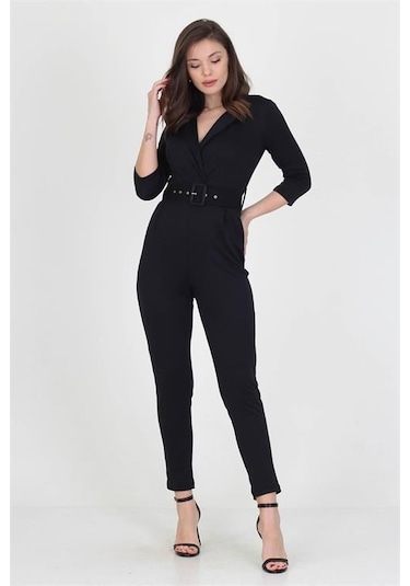 Kadın Kemerli Likralı Cepli Tulum Dpnb0007 Siyah