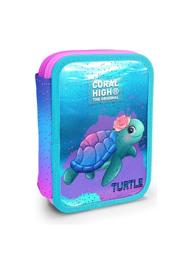 Coral High Kids Açık Pembe Mavi Kaplumbağa Desenli Çift Katlı Kalem Çanta 11134 Pembe - Mavi