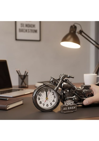 Kişiye Özel Motorsiklet Analog Masa Saati Gri - Gümüş