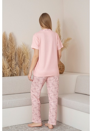Anne Kız Kombin Çiçekli Kısa Kollu Gömlek Pijama Takımı Anne Kız Ayrı Satılır Pembe