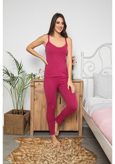 Kadın Mürdüm Renkli Dantel Detaylı Şortlu Ve Taytlı Pijama Takımı 3'lü MÜRDÜM