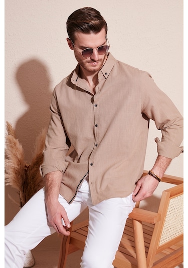 Buratti Pamuklu Regular Fit Düğmeli Yaka Erkek Gömlek Cf20S111871 Toprak