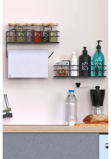 Siyah Yapışkanlı Mutfak Ve Banyo Rafı Ve Rulo Havlulu Baharatlık Rafı 2'li Set Siyah